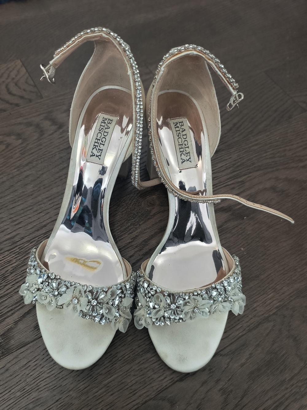 Badgley Mischka Ivory Crystal Floral Embellished Ankle-Strap Heels